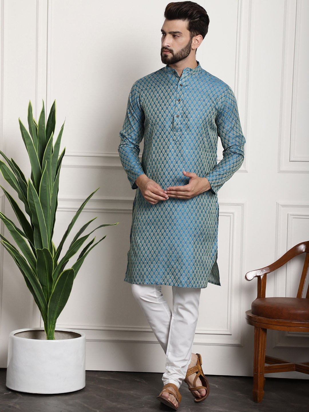Sojanya Men Blue & Off-White Woven Design Kurta with Churidar | Grocsy