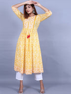 HERE&NOW Women Yellow Floral Printed Sequined A-Line Kurta with Trousers | Grocsy
