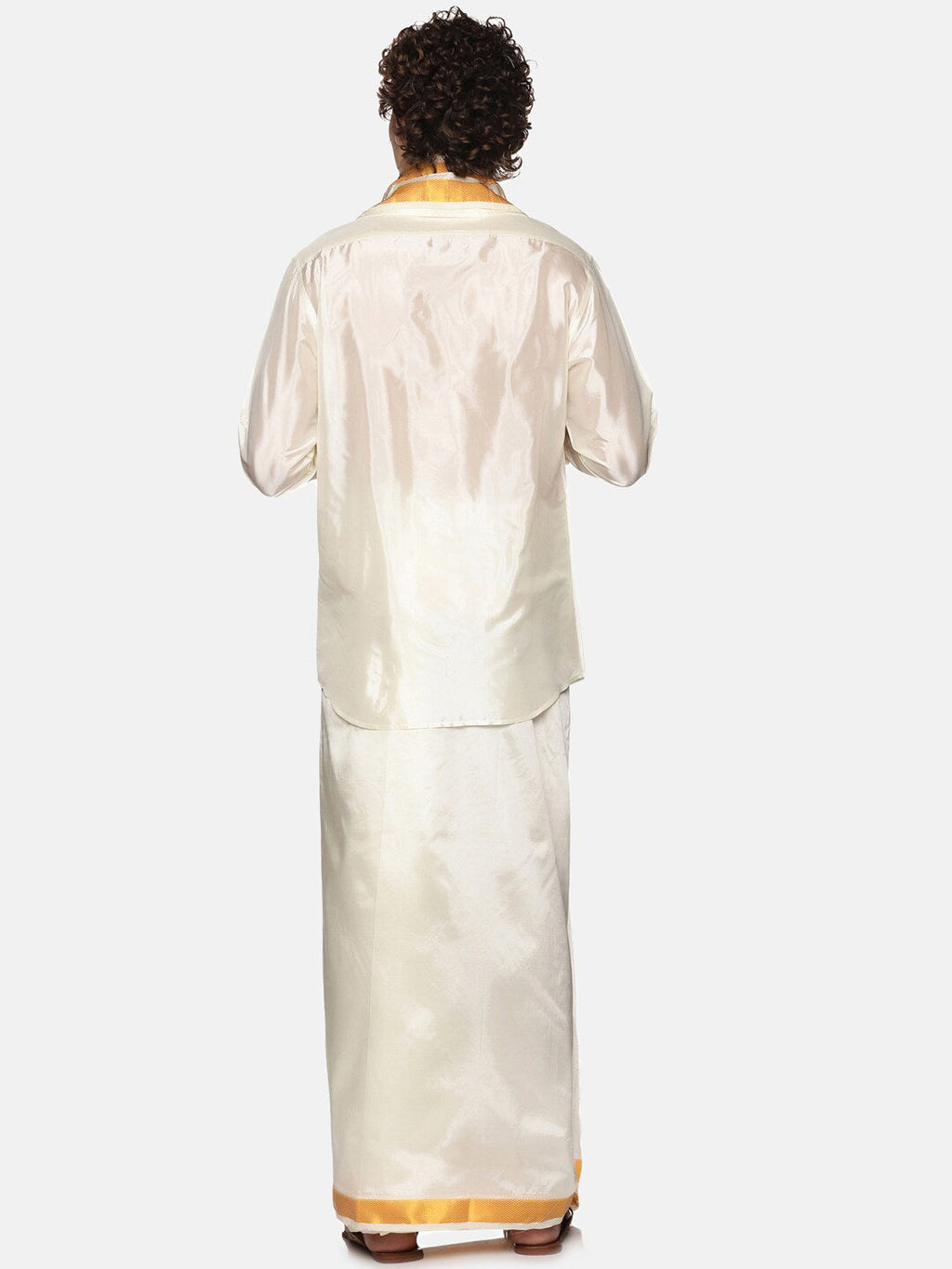 Sethukrishna Men Cream-Coloured Solid Art Silk Dhoti With Angavastram | Grocsy