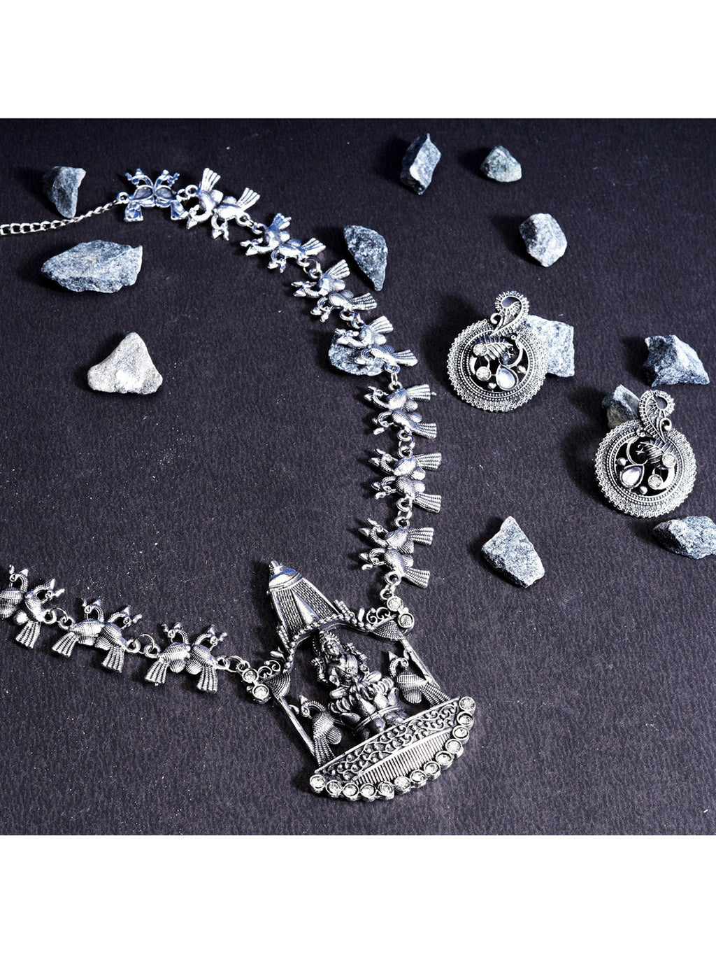 Cardinal Silver-Toned Oxidised Long Jewellery Set Jewellery Set | Grocsy