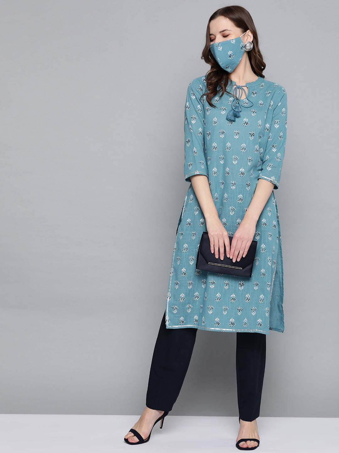 HERE&NOW Women Blue White Printed Straight Kurta | Grocsy