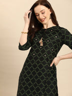 All About You Women Black & Green Printed Kurta with Trousers | Grocsy