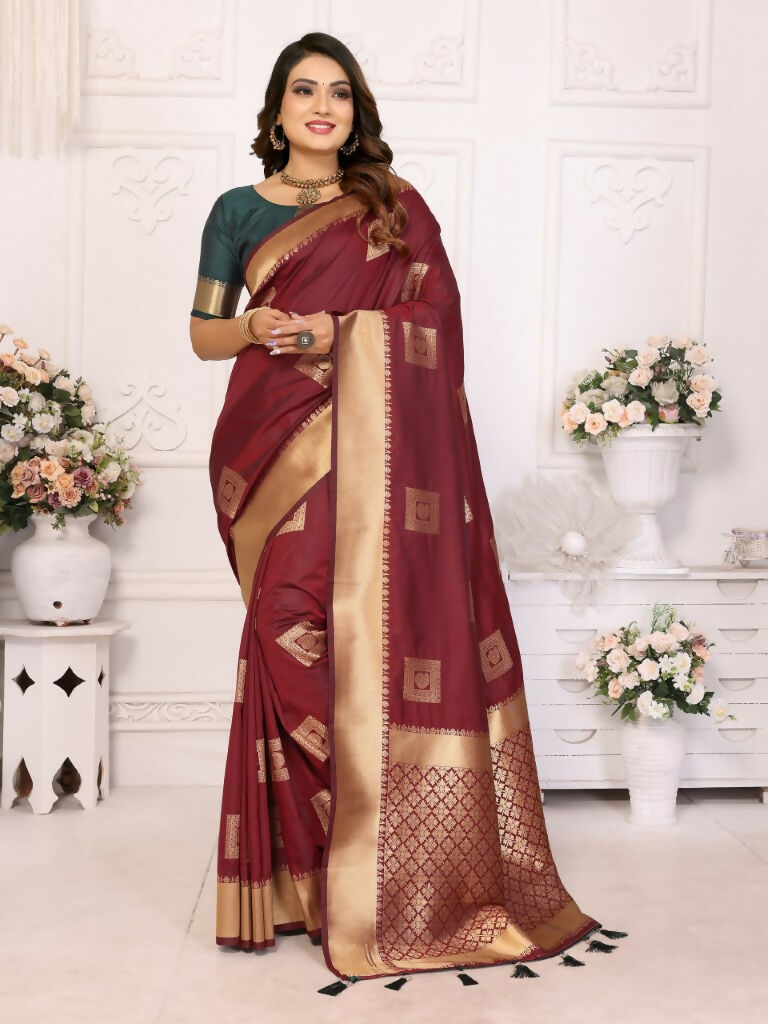 Anaita Brown Soft Silk With Zari Weaving Borders Saree With Blouse | Grocsy