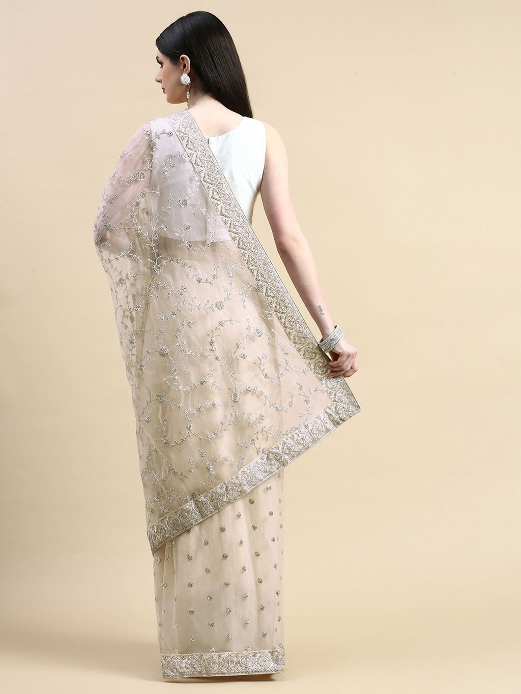 kasee Floral Embroidered Sequinned Net Saree | Grocsy