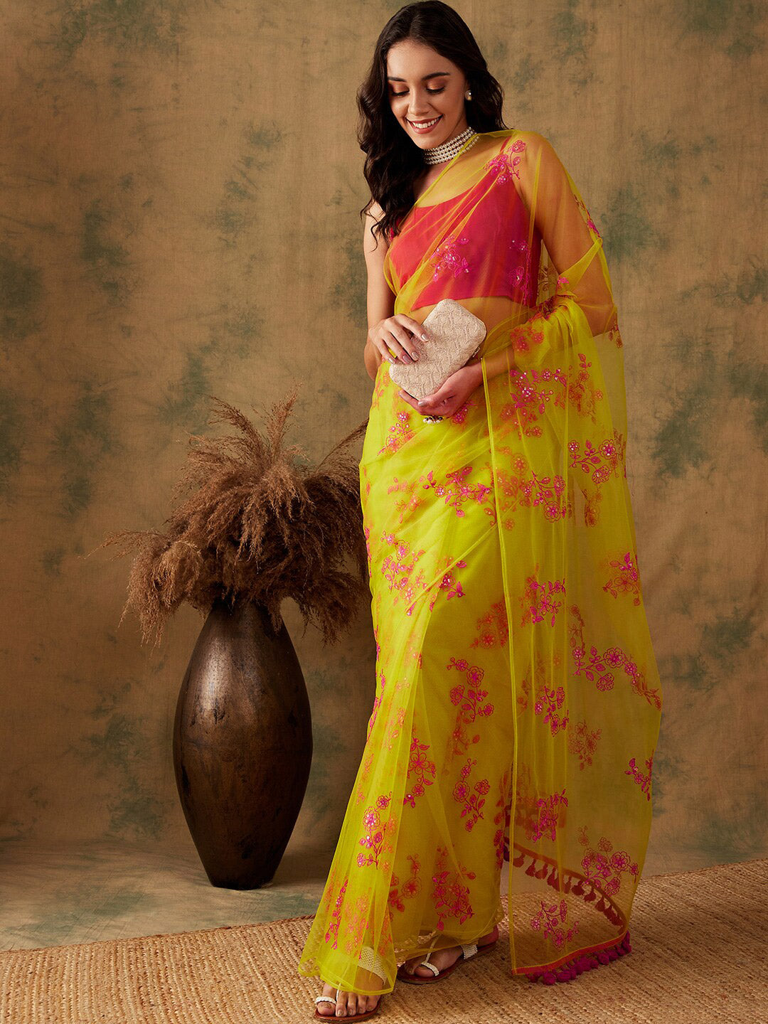 Sangria Floral Embroidered Sequins Details Net Saree | Grocsy