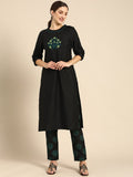 All About You Women Black Floral Yoke Design Regular Thread Work Kurta with Trousers | Grocsy