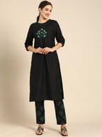 All About You Women Black Floral Yoke Design Regular Thread Work Kurta with Trousers | Grocsy