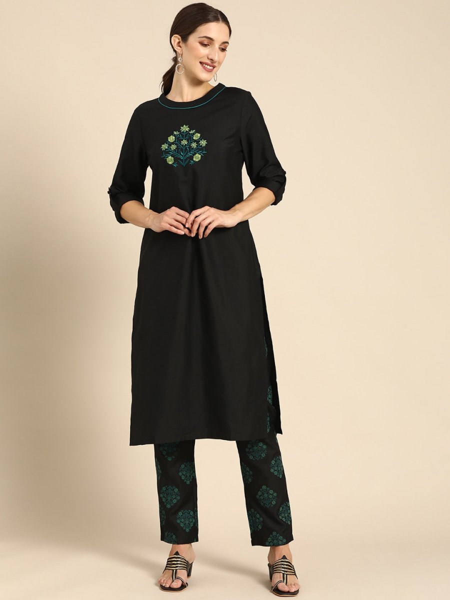 All About You Women Black Floral Yoke Design Regular Thread Work Kurta with Trousers | Grocsy