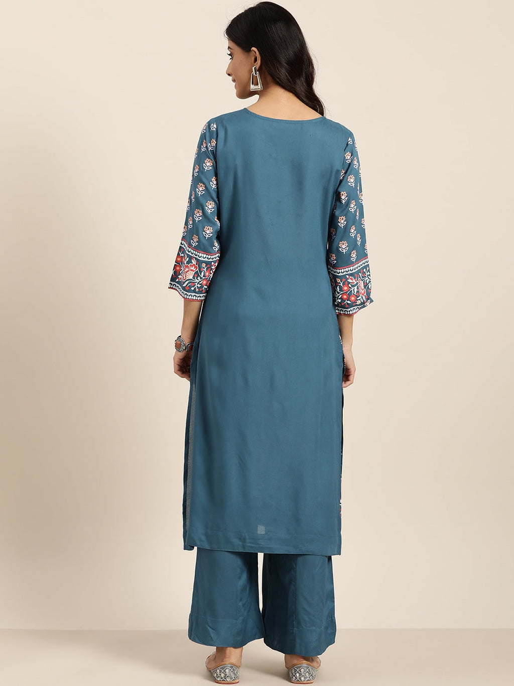 Sangria Women Teal Blue & White Printed Kurta with Palazzos | Grocsy