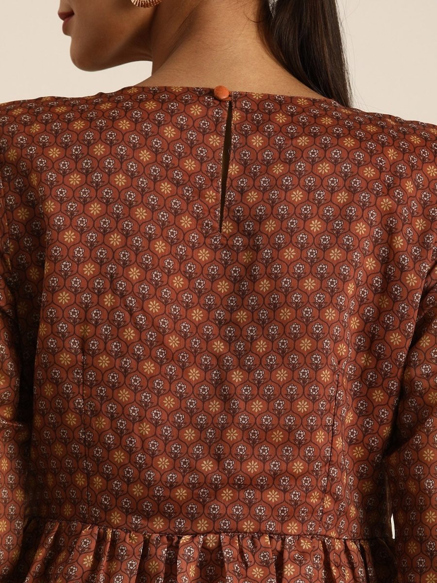 All About You Women Rust Floral Printed Empire Kurta with Trousers | Grocsy
