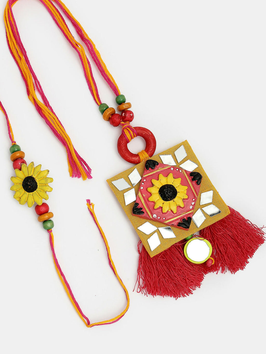 NVR Women & Men Set of 2 Red & Yellow Mirror Work Handcrafted Bhaiya Bhabi Rakhi With Roli Chawal | Grocsy