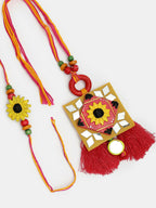 NVR Women & Men Set of 2 Red & Yellow Mirror Work Handcrafted Bhaiya Bhabi Rakhi With Roli Chawal | Grocsy