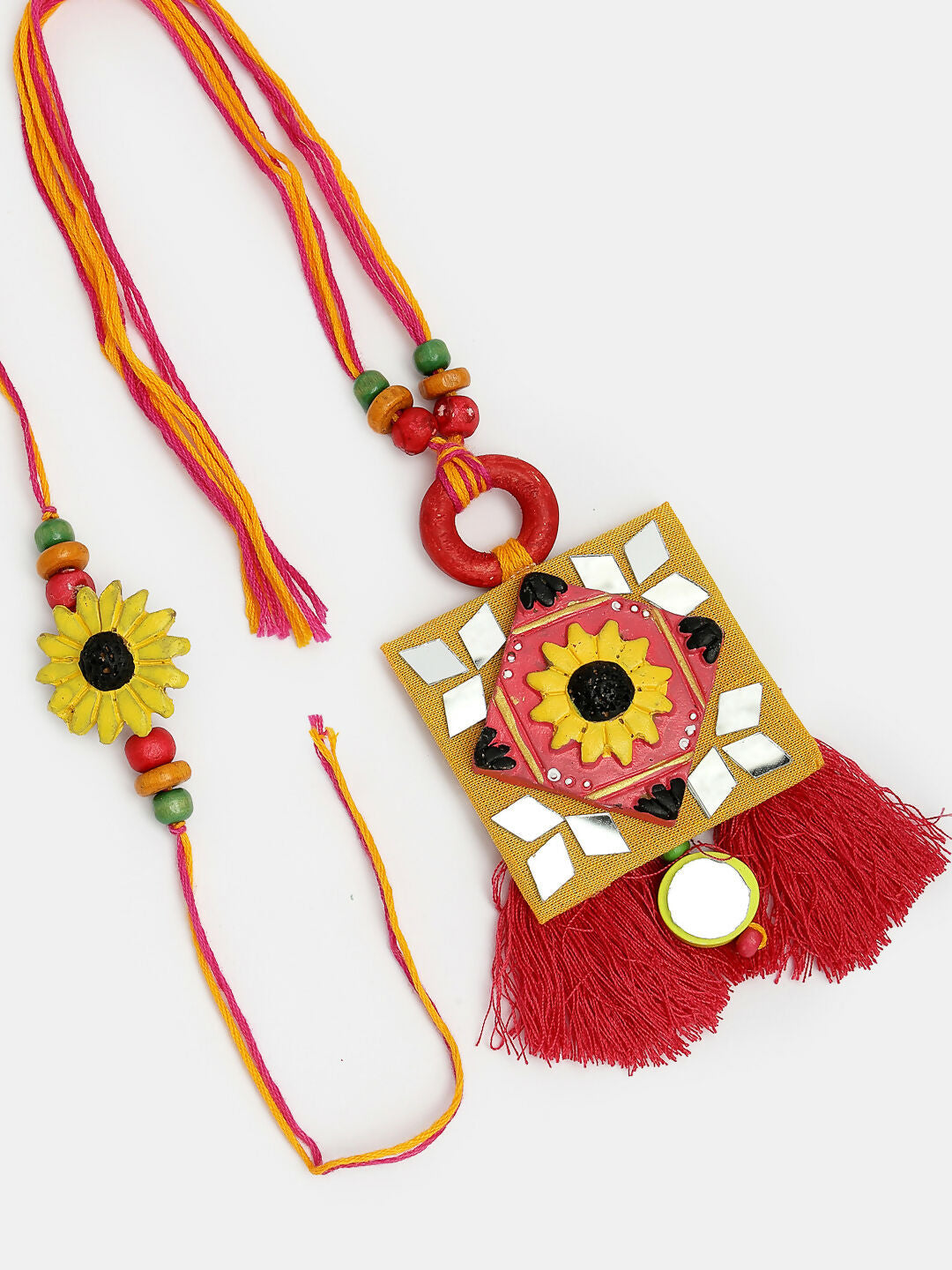 NVR Women & Men Set of 2 Red & Yellow Mirror Work Handcrafted Bhaiya Bhabi Rakhi With Roli Chawal | Grocsy