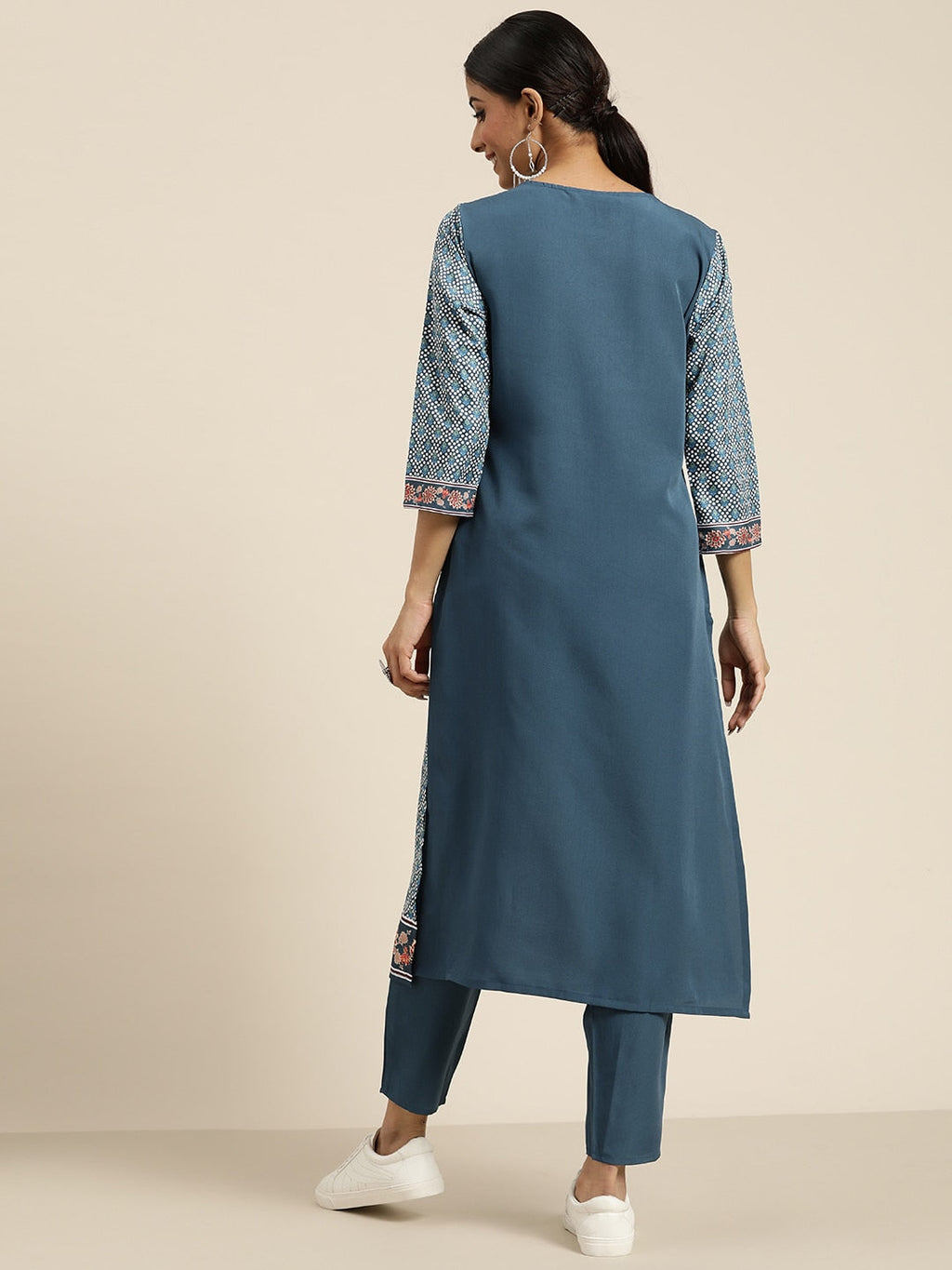 Sangria Women Teal Blue & White Ethnic Printed Straight Kurta with Trousers | Grocsy
