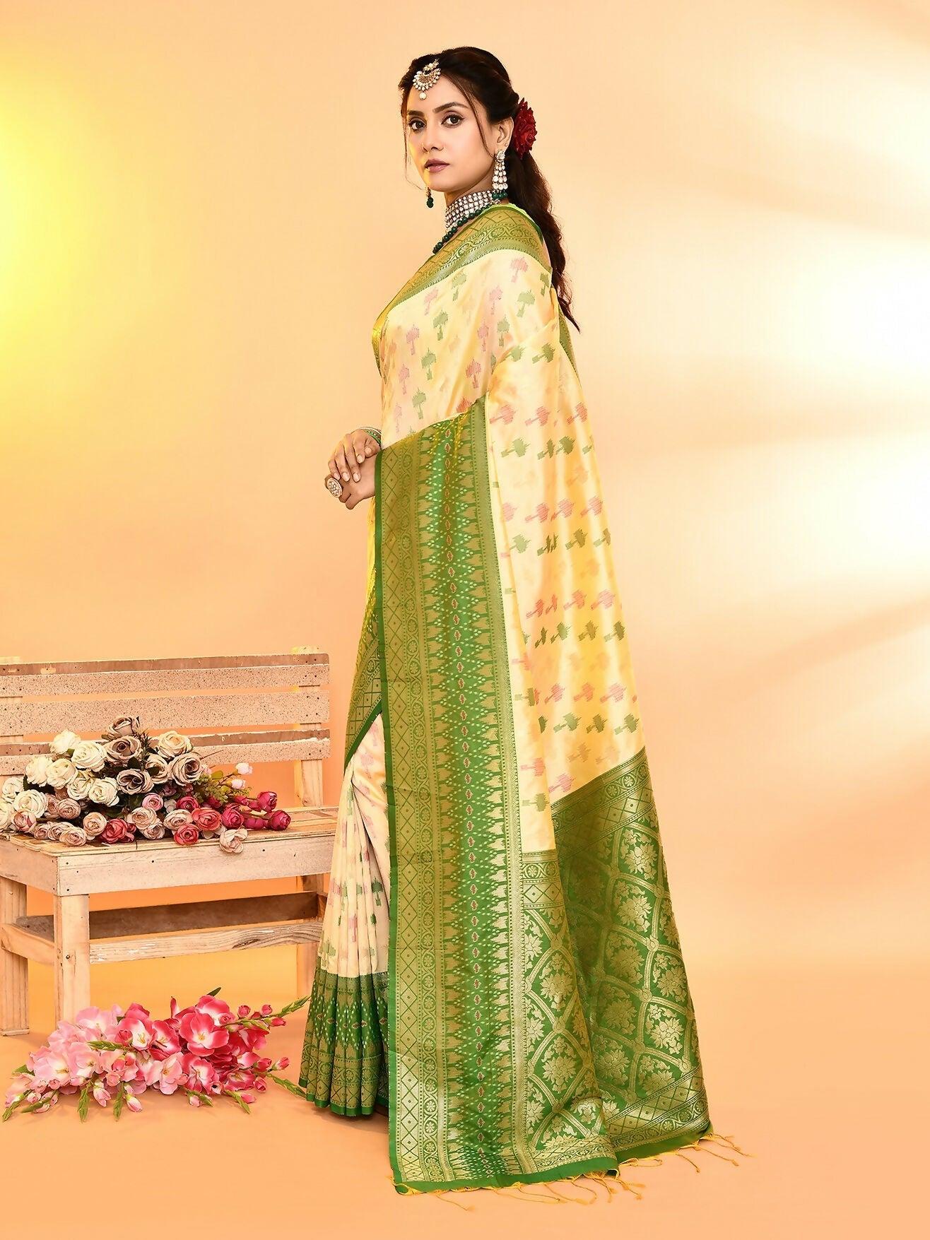 Joban Fashion Light Yellow & Parrot Green Plain With Weaving Border Banarasi Silk Sarees | Grocsy