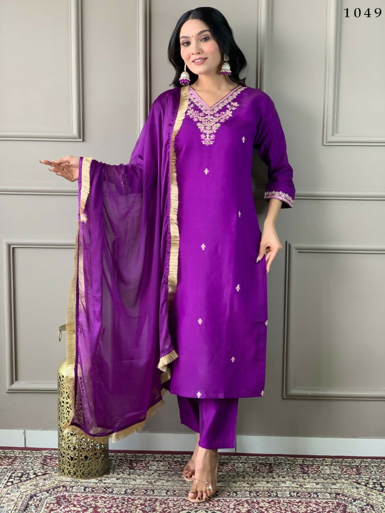 Partywear Designer Viscose Chanderi Wine Stitched Suit With Dupatta - Tanisha | Grocsy