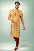 Raivat Ethnic Art Silk Printed Work Kurta Pajama In Yellow Colour | Grocsy
