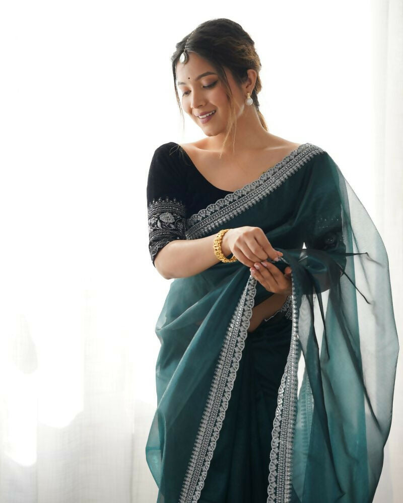 Attrctive Looking Gold Jari, Sequance Embroidery Work Twill Net Party Wear Saree - Rama | Grocsy