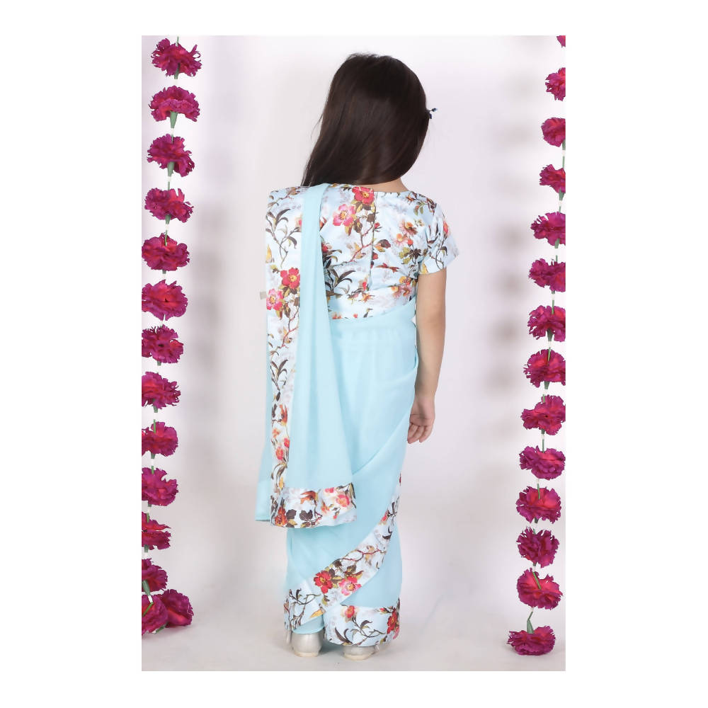 Little Bansi Girls 90's Era Saree with Silk Floral Blouse - Sky Blue | Grocsy