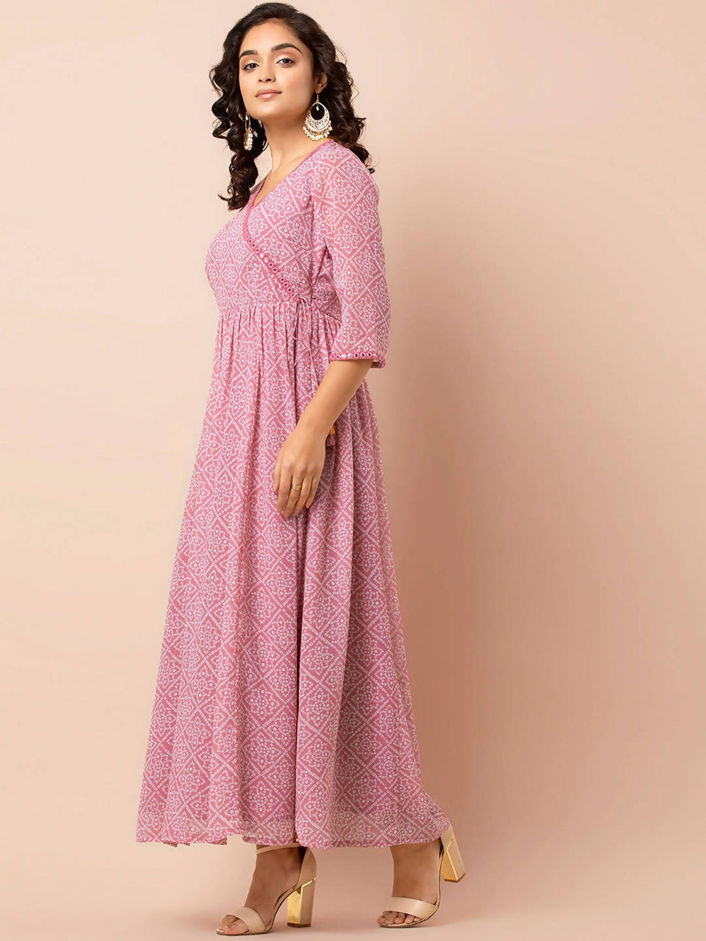 Indya Pink & White Printed Ethnic Maxi Dress | Grocsy