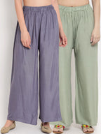 TAG 7 Women Sage Green & Steel Grey Pack of 2 Solid Flared Palazzos | Grocsy
