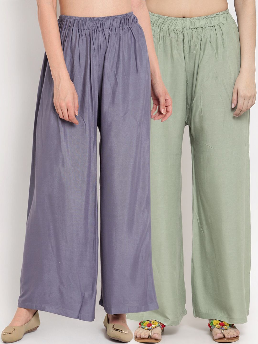 TAG 7 Women Sage Green & Steel Grey Pack of 2 Solid Flared Palazzos | Grocsy