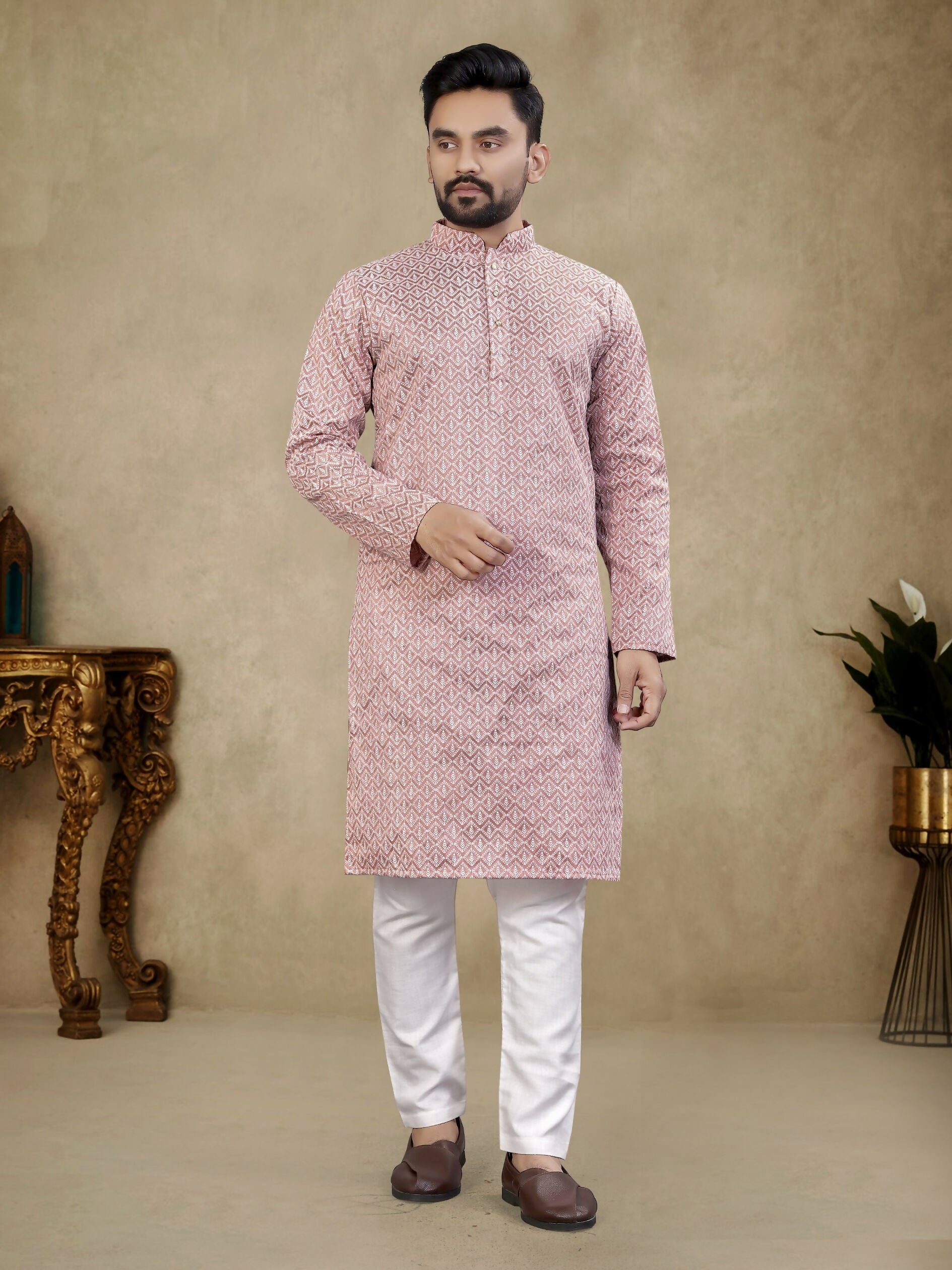 Anaita Pink Lucknowi Work Silk Straight Kurta | Grocsy