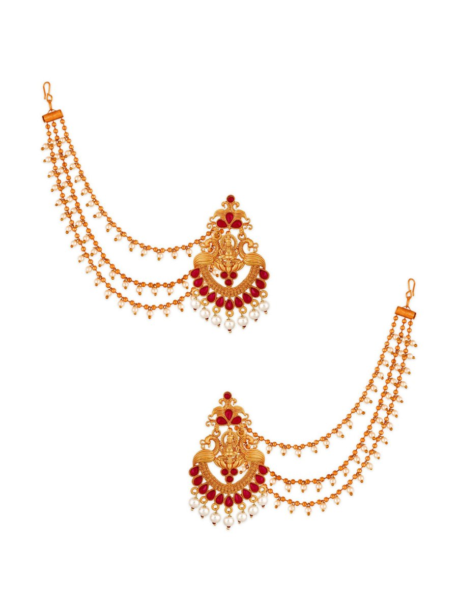 Aadita Red Gold-Toned & White Pearls Studded Contemporary Drop Earrings With Hair Chain | Grocsy