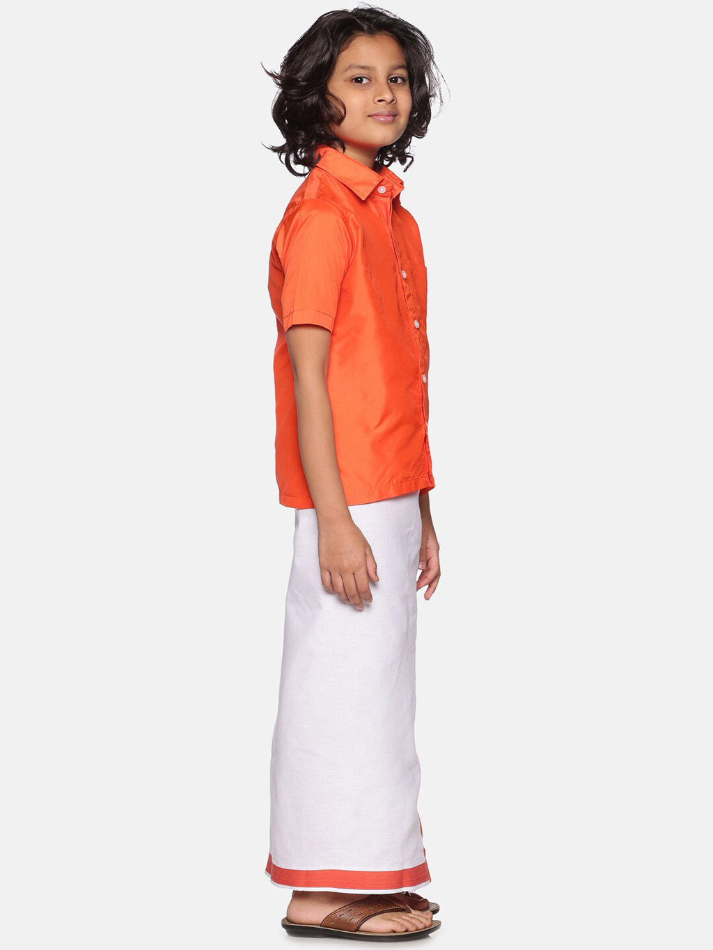 Sethukrishna Orange & White Solid Shirt with Dhoti Set For Boys | Grocsy