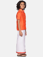 Sethukrishna Orange & White Solid Shirt with Dhoti Set For Boys | Grocsy