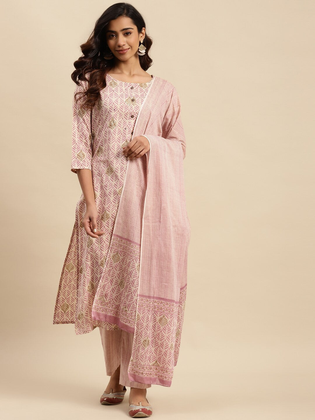 Sangria Mauve Floral Printed Beads and Stones Kurta With Trouser & Dupatta | Grocsy