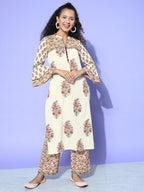 All About You Cream-Coloured Floral Printed Pure Cotton Kurta With Trousers | Grocsy