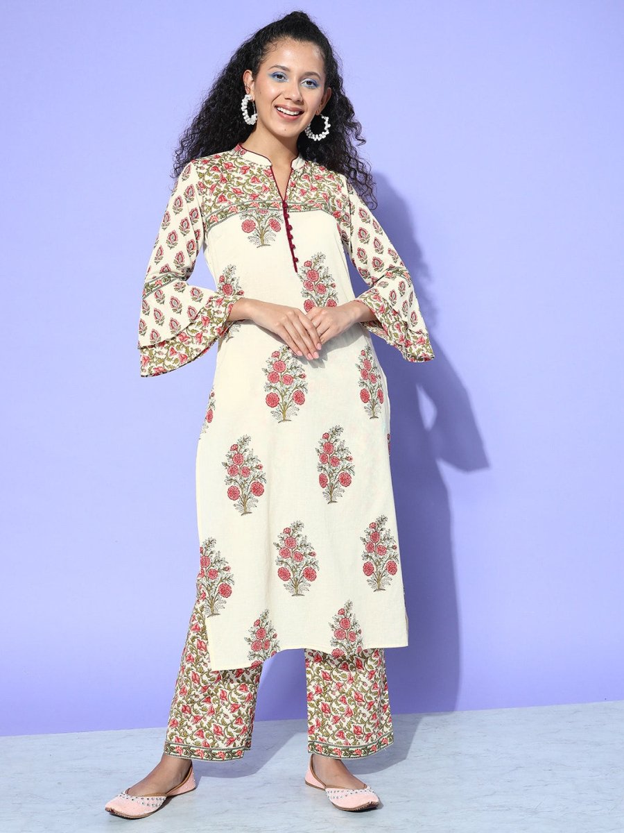 All About You Cream-Coloured Floral Printed Pure Cotton Kurta With Trousers | Grocsy