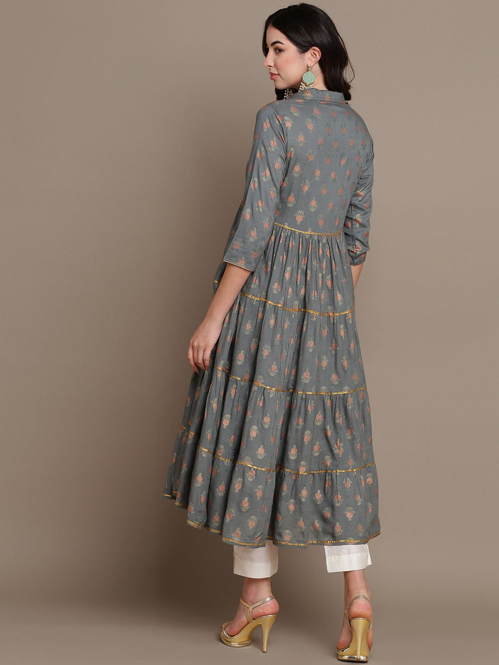 HERE&NOW Ethnic Motifs Printed Shirt Collar Tiered Pure Cotton A-Line Kurta | Grocsy