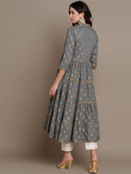 HERE&NOW Ethnic Motifs Printed Shirt Collar Tiered Pure Cotton A-Line Kurta | Grocsy