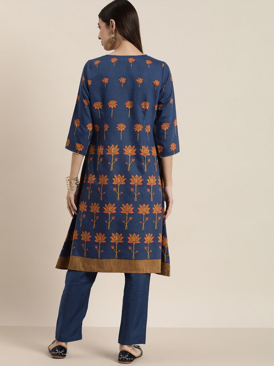 All About You Women Blue Floral Printed Angrakha Kurta with Trousers | Grocsy
