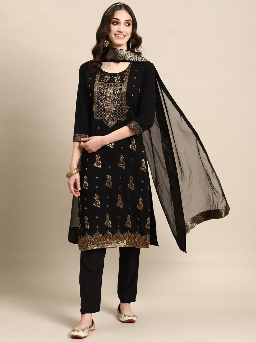 Sangria Women Black Floral Yoke Design Regular Kurta with Trousers & With Dupatta | Grocsy