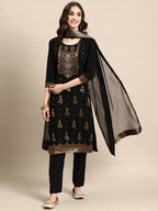 Sangria Women Black Floral Yoke Design Regular Kurta with Trousers & With Dupatta | Grocsy