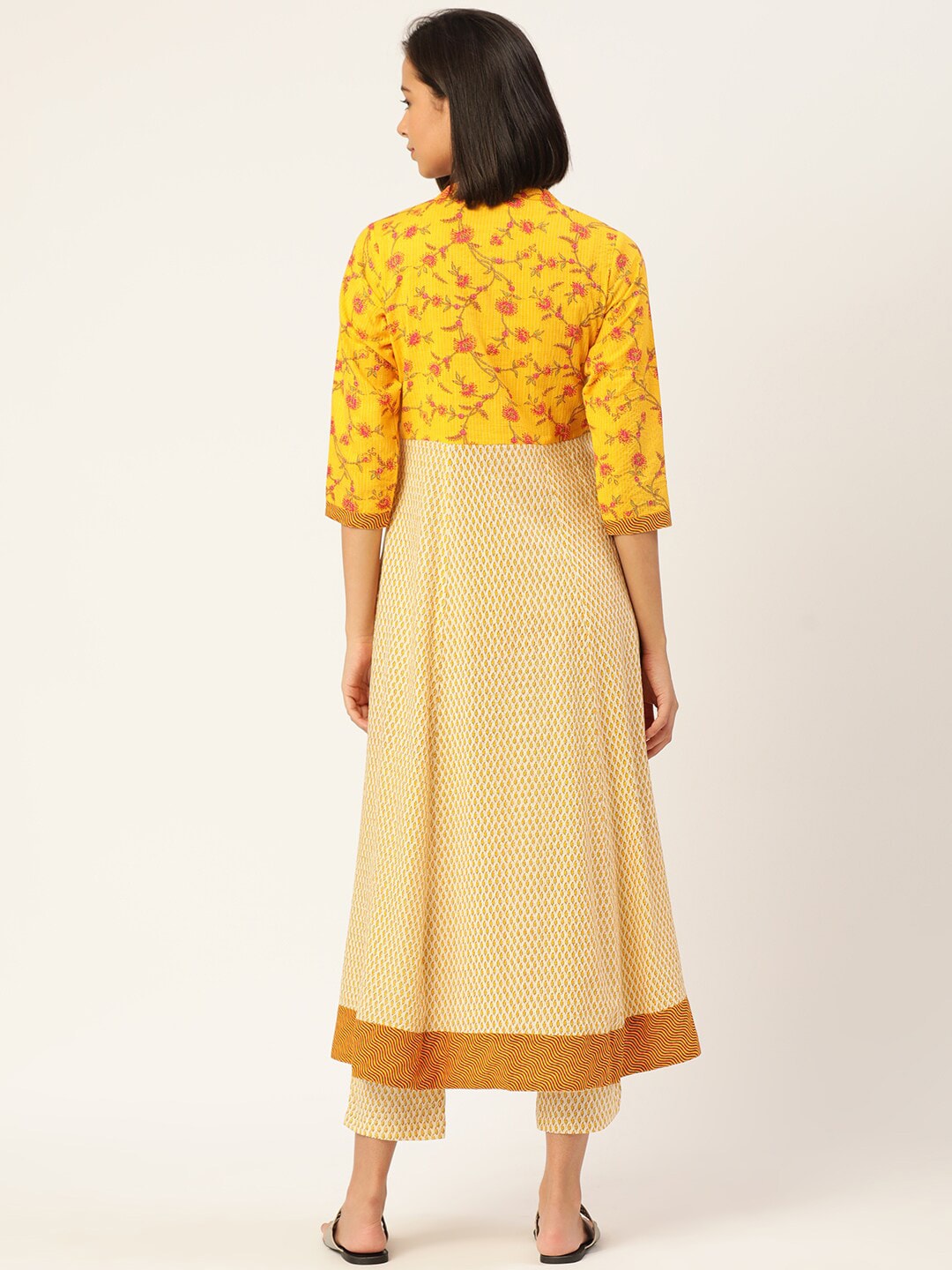 HERE&NOW Women Yellow Floral Printed Empire Kurta with Trousers & Dupatta | Grocsy