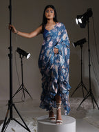 Tikhi Imli Blue Floral Printed Satin Ruffles Saree | Grocsy