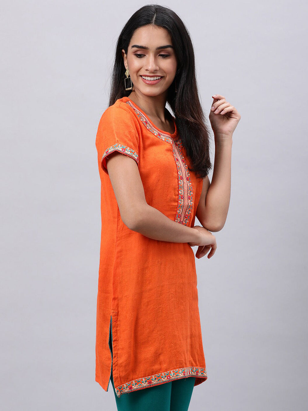 Souchii Orange Floral Embroidered Mirror Work Mirror Work Kurti | Grocsy