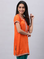 Souchii Orange Floral Embroidered Mirror Work Mirror Work Kurti | Grocsy