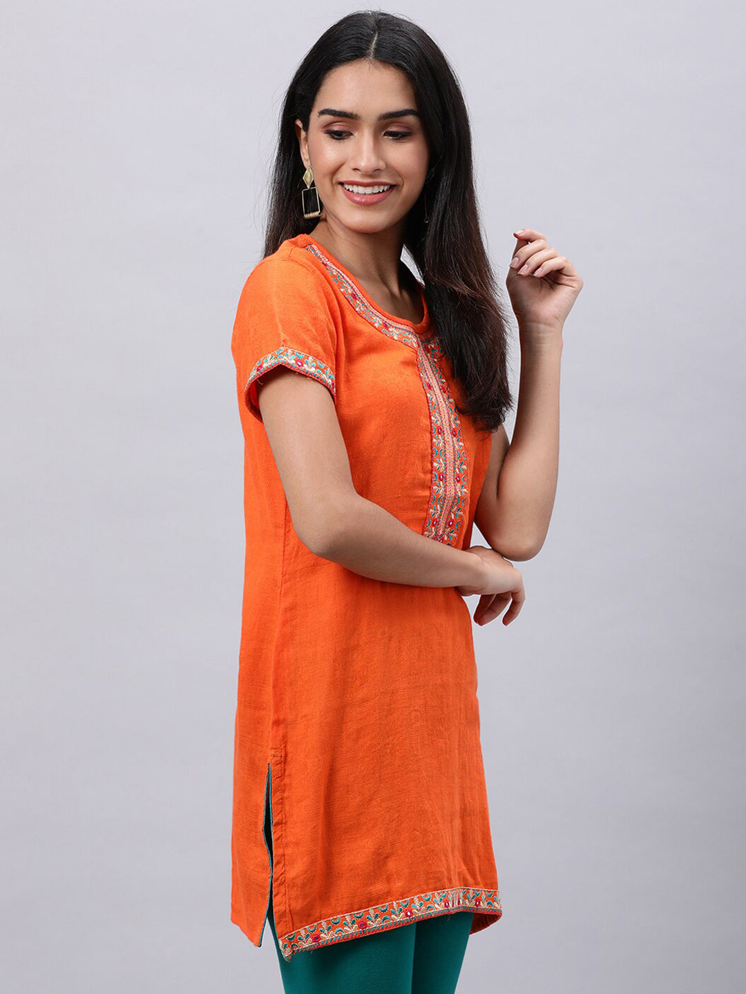 Souchii Orange Floral Embroidered Mirror Work Mirror Work Kurti | Grocsy