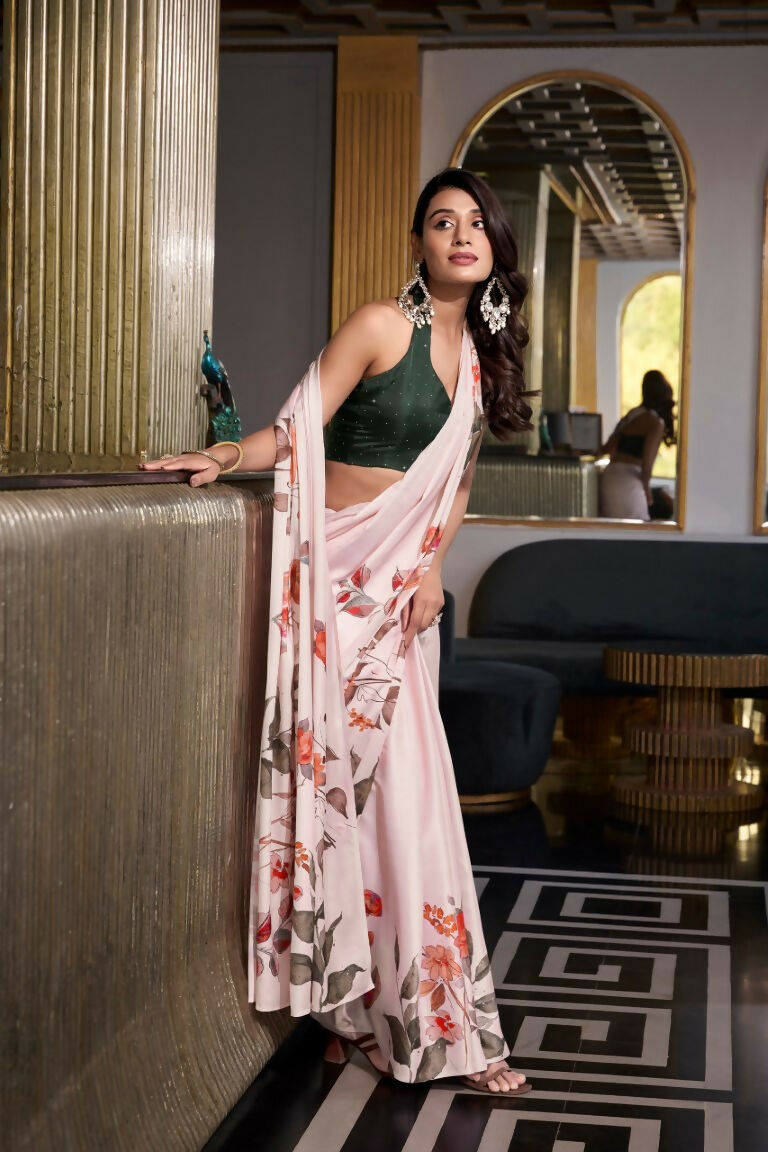 Vastranavya Off White Satin Silk Printed Saree with Hotfix Work Unstitched Blouse | Grocsy