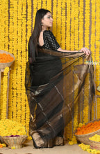 Very Much Indian Rajsi - Handloom Ari Checks Cotton Silk Saree With Golden Border - Black | Grocsy
