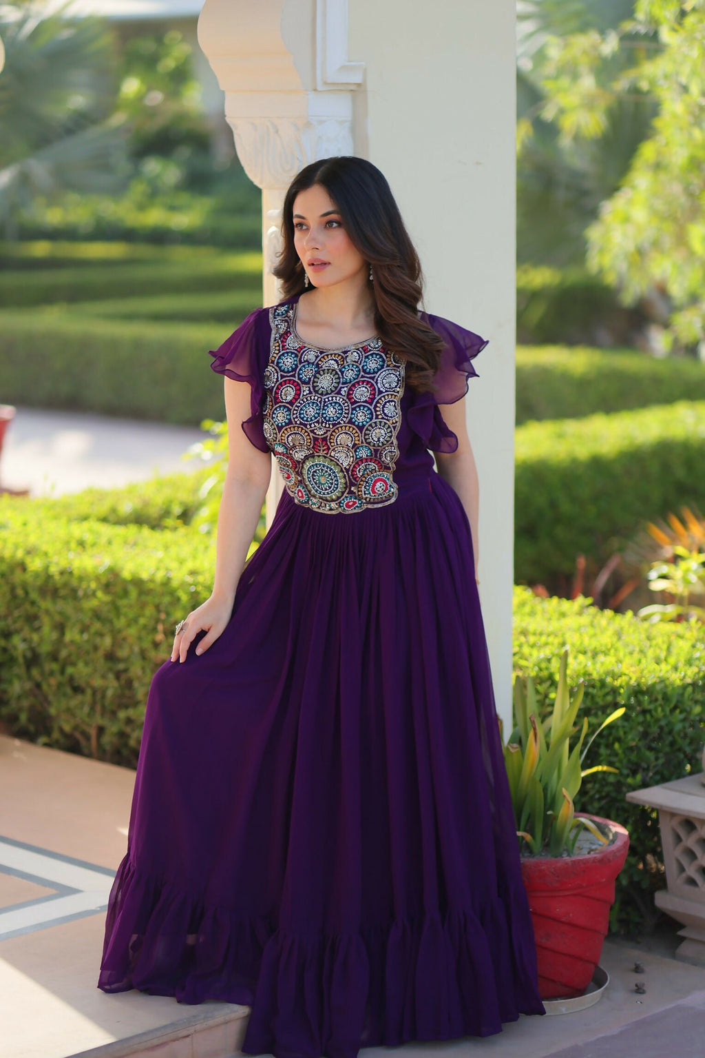 Joban Fashion Purple Georgette Sequence Embroidery Work Gown | Grocsy