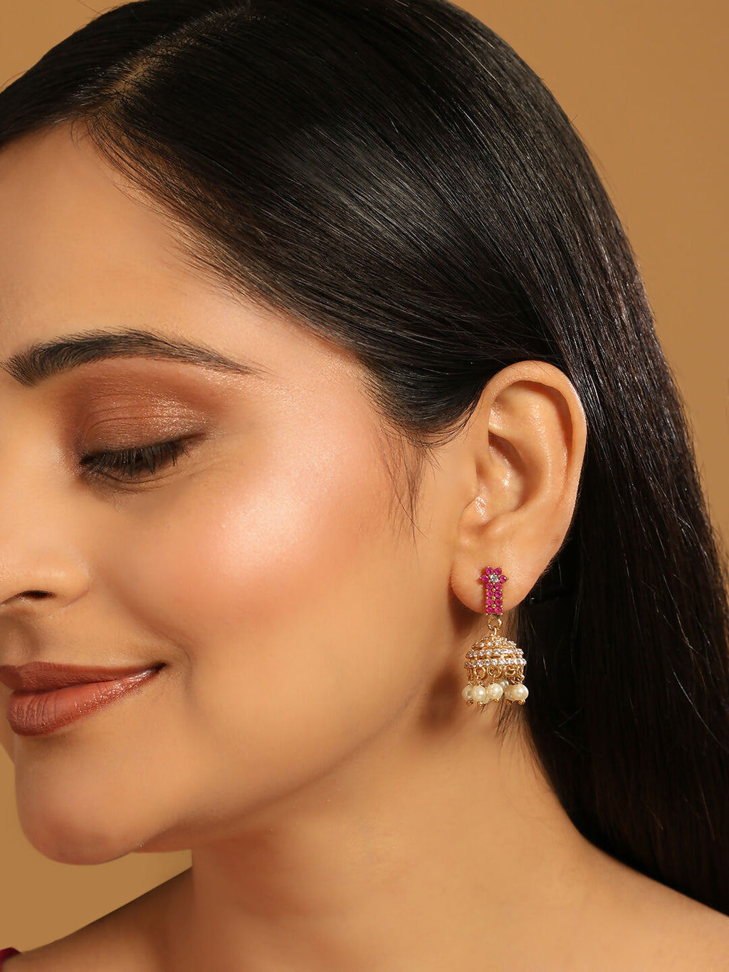 Nuyug 22K Gold Plated Pearl 7 Colored Stone Studded Contemporary Shaped Pink Mini Jhumkas | Grocsy