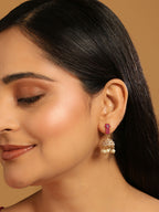 Nuyug 22K Gold Plated Pearl 7 Colored Stone Studded Contemporary Shaped Pink Mini Jhumkas | Grocsy