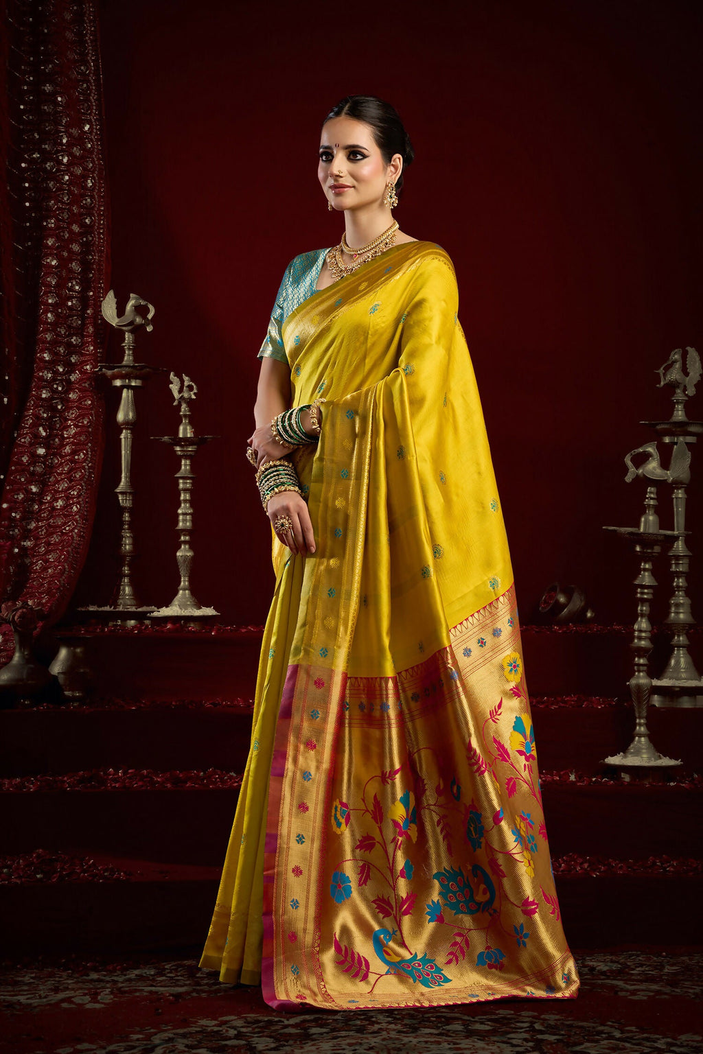 Joban Fashion Yellow Paithani Silk Blend Butti Saree | Grocsy