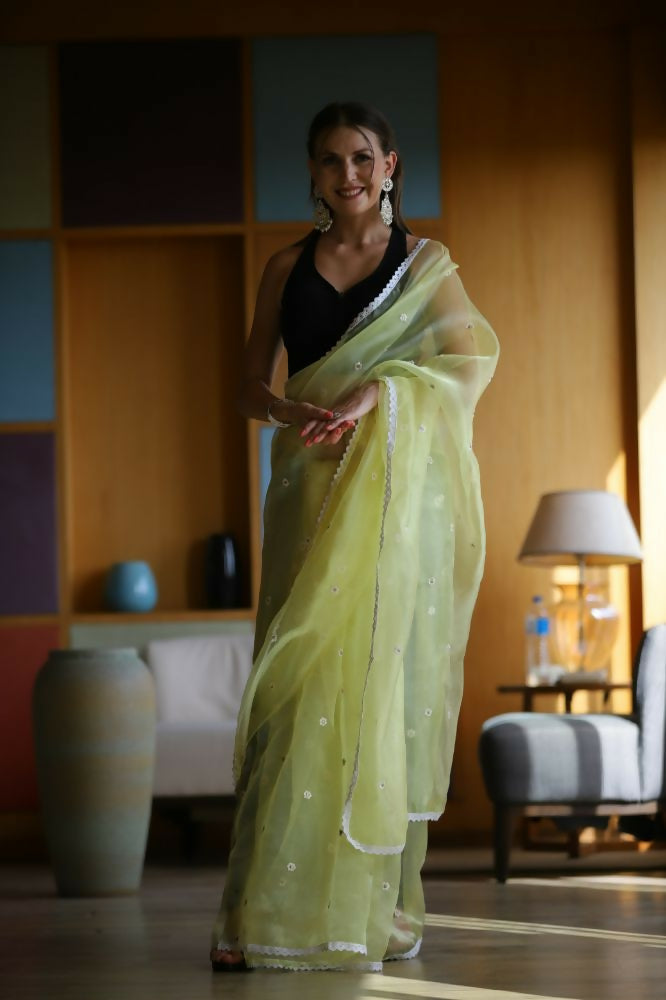 Vamsee Manbhari Yellow Organza Saree | Grocsy